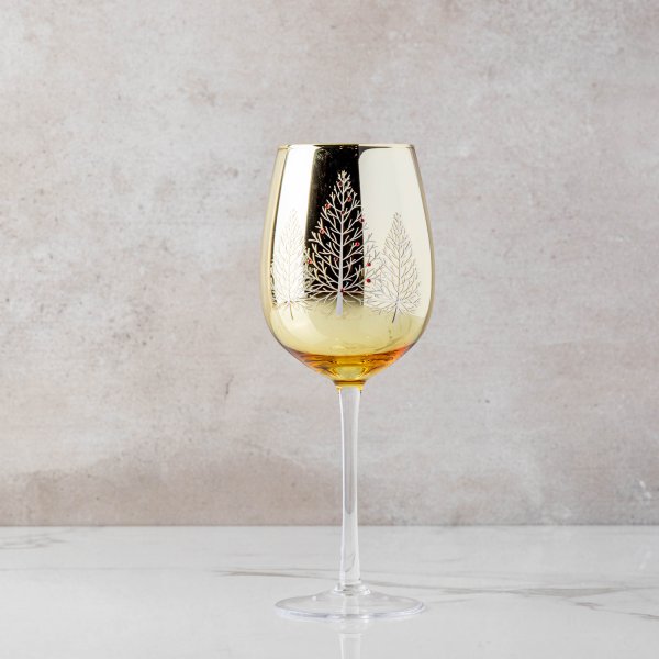Gold Winter Tree Stemmed Wine Glass