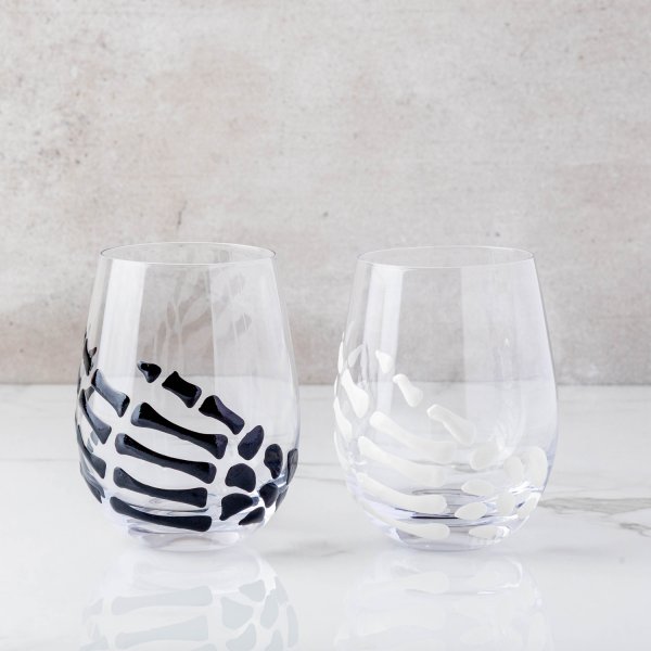 White Skeleton Hand Stemless Wine Glass