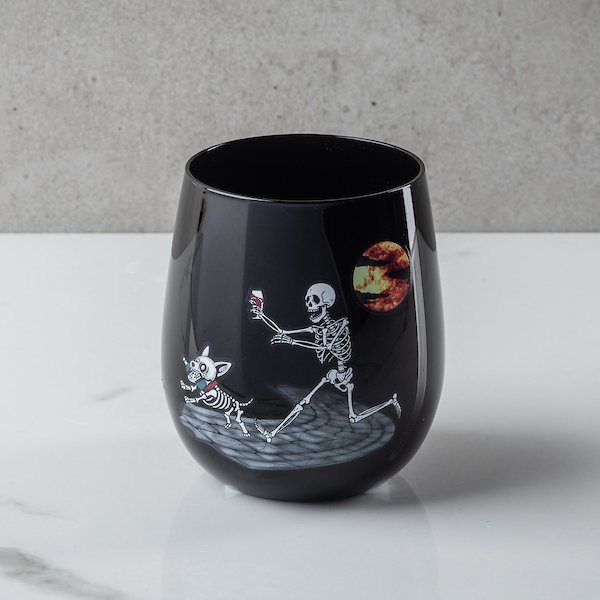 Skeleton Dog Stemless Wine Glass