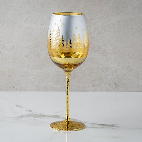 Gold Winter Tree Stemmed Wine Glass