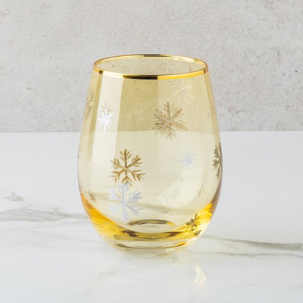 Gold Snowflake Stemless Wine Glass