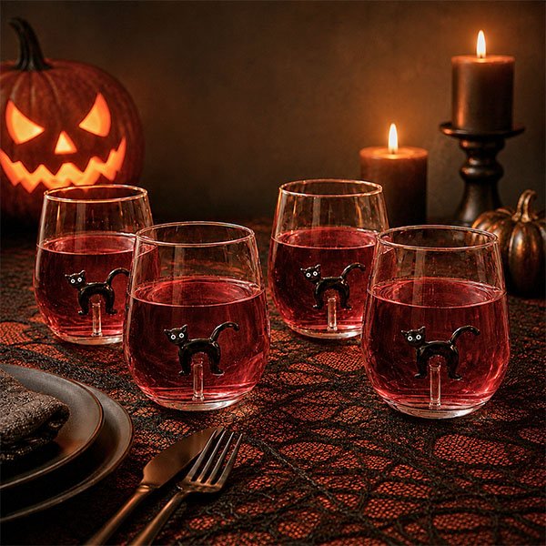 Black Cat Stemless Wine Glass