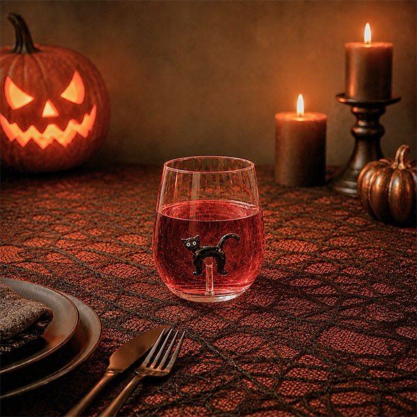 Black Cat Stemless Wine Glass